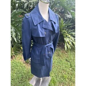 Vintage London Fog Navy Blue Trench Coat Red Wool Liner Quiet Luxury Size 10
